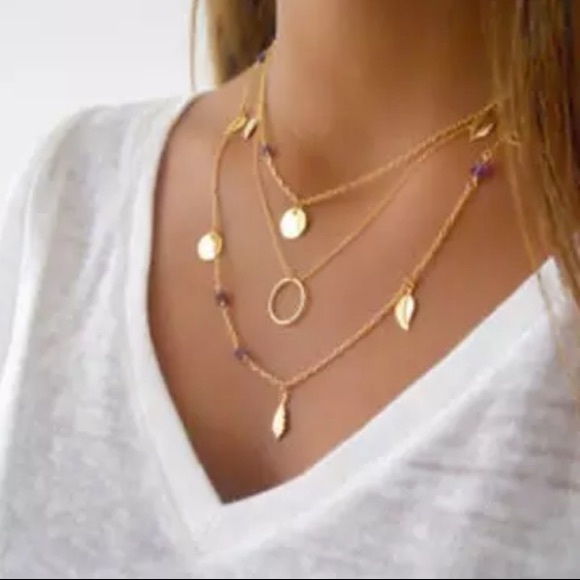 layered boho necklace gold leaf disc purple - Picture 2 of 3